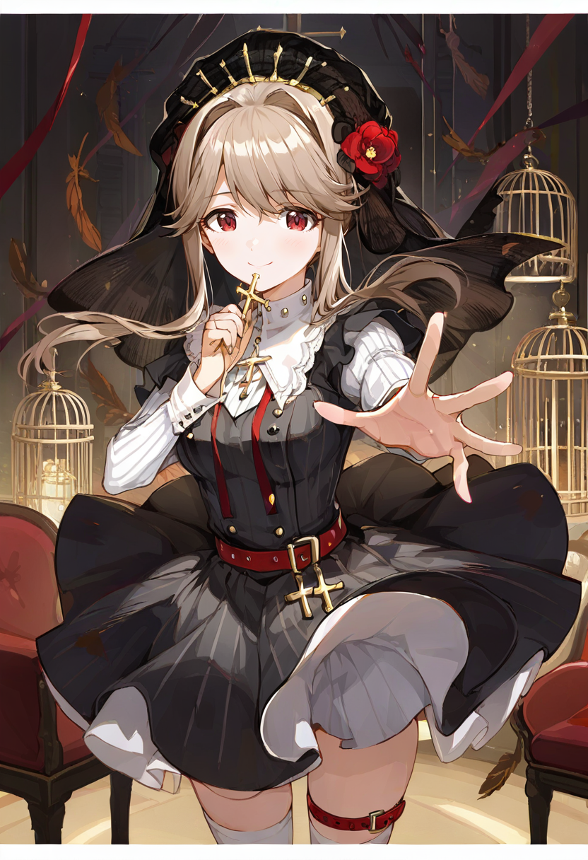01639-4255403813-1girl,tenkubashi tomoka,idolmaster,idolmaster million live!,armchair,belt,birdcage,black dress,black veil,brown hair,cage,chair,.png